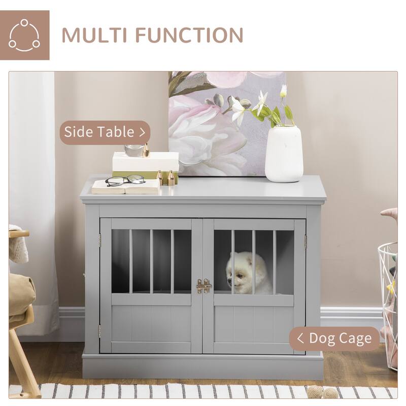 PawHut Dog Crate End Table with Triple Doors, Wooden Dog Crate Furniture Indoor Use, Puppy Crate with and Steel Tubes