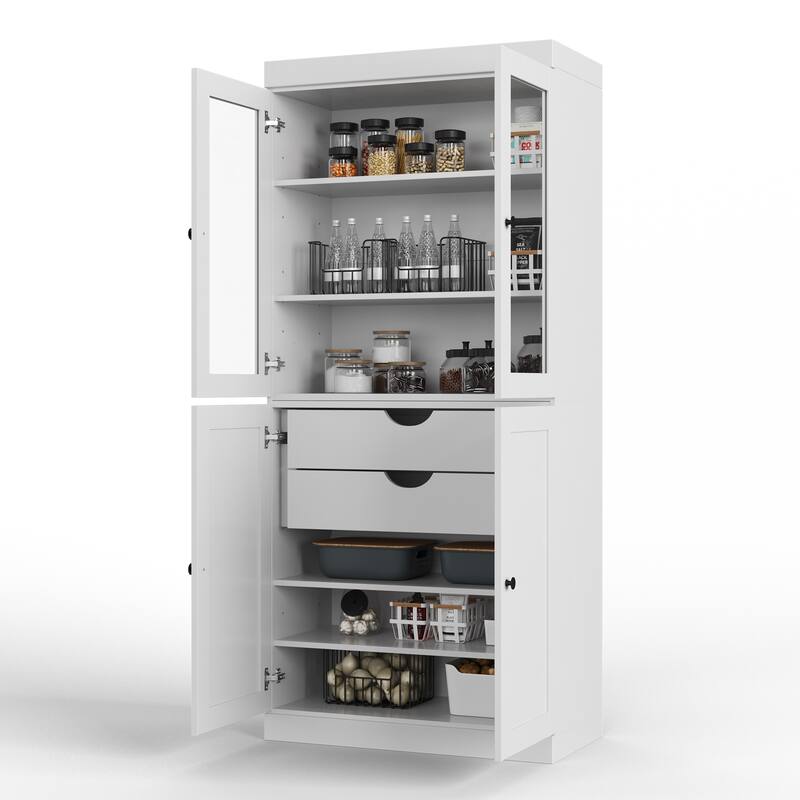 Palace Imports 100% Solid Wood Pantry Cabinet, Shaker & Clear Glass Doors, 2 Drawers, Adjustable Shelves, 32" Wide, 71.5" Tall