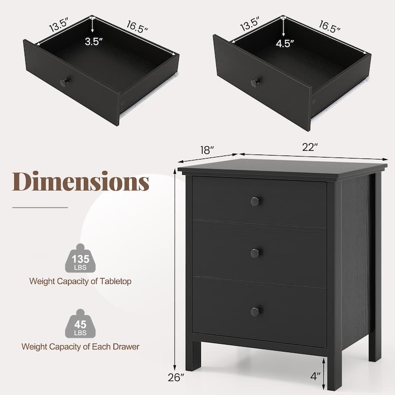 Gymax Nightstand w/ 3 Drawer for Bedroom Compact Storage Chest Modern