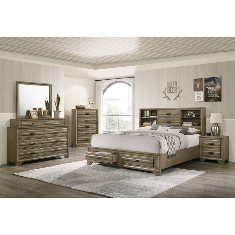 Roundhill Furniture Loiret Rubbed Gray Oak Finish Wood Storage Platform Bedroom Set with Dresser, Mirror, Nightstand, Chest
