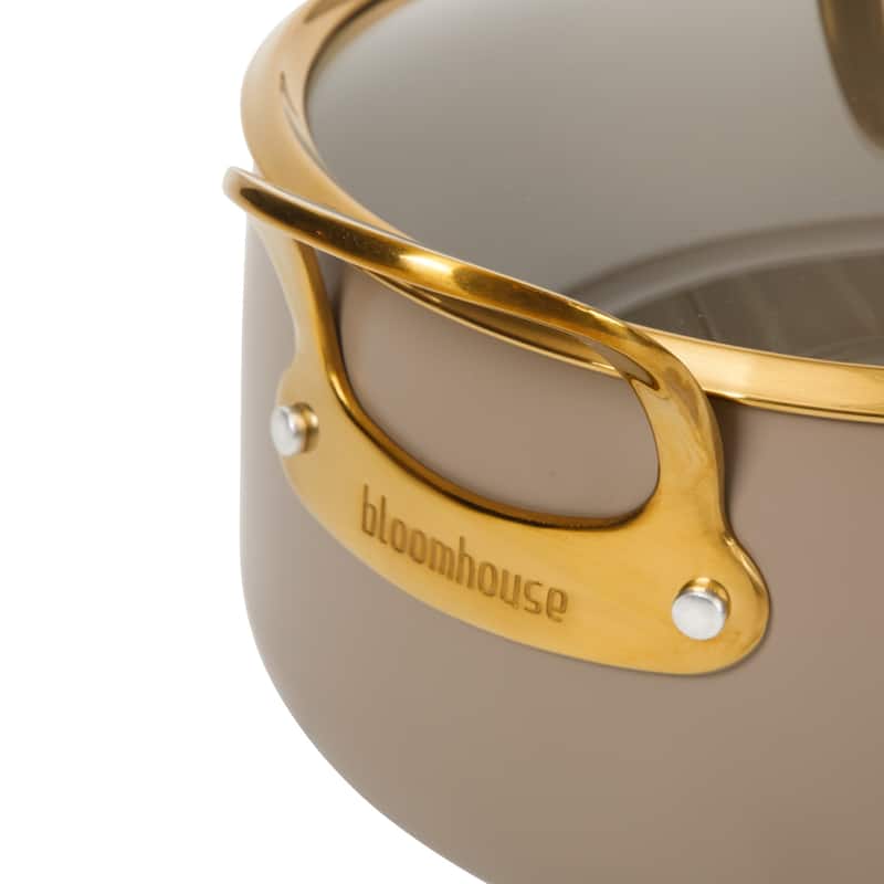 Bloomhouse Pots and Pans Heavy Duty Aluminum Premium PFA Free Ceramic Nonstick - Cappucino Cream with Gold Handle