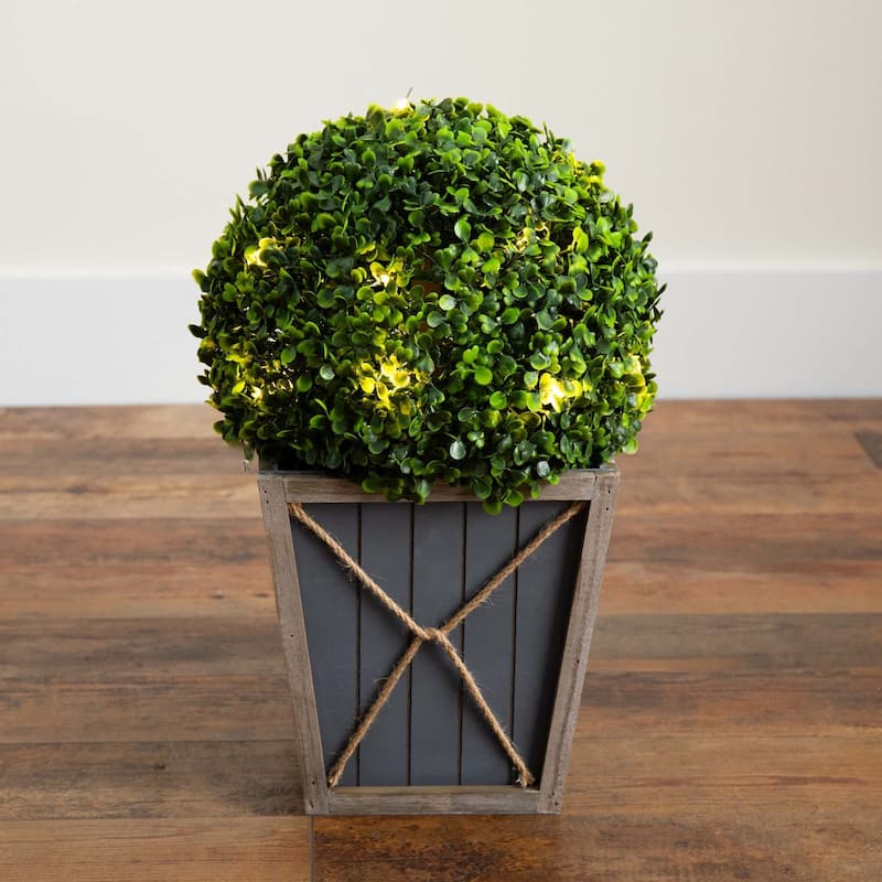 Pre-Lit Boxwood Ball Topiary Outdoor Artificial Plant in Planter - 18"