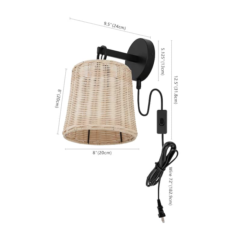 SAFAVIEH Lighting Ciaran Wall Sconce (Set of 2) - Black/Natural Rattan - 8"W x 10"D x 13"H
