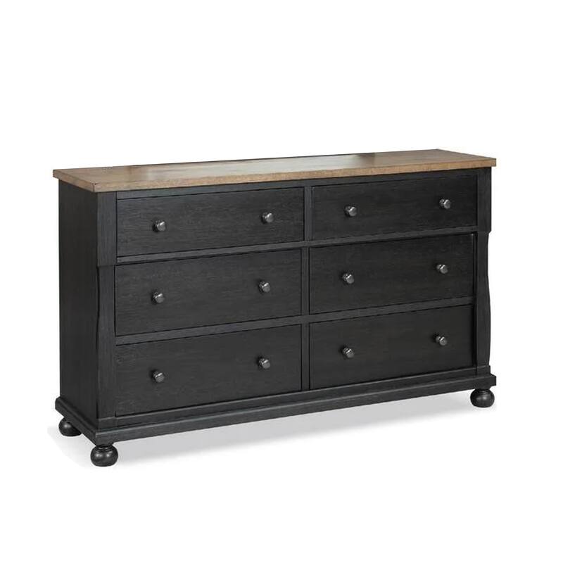 Ginie 64 Inch Dresser, 5 Drawers and Farmhouse Legs, Black Brown Oak