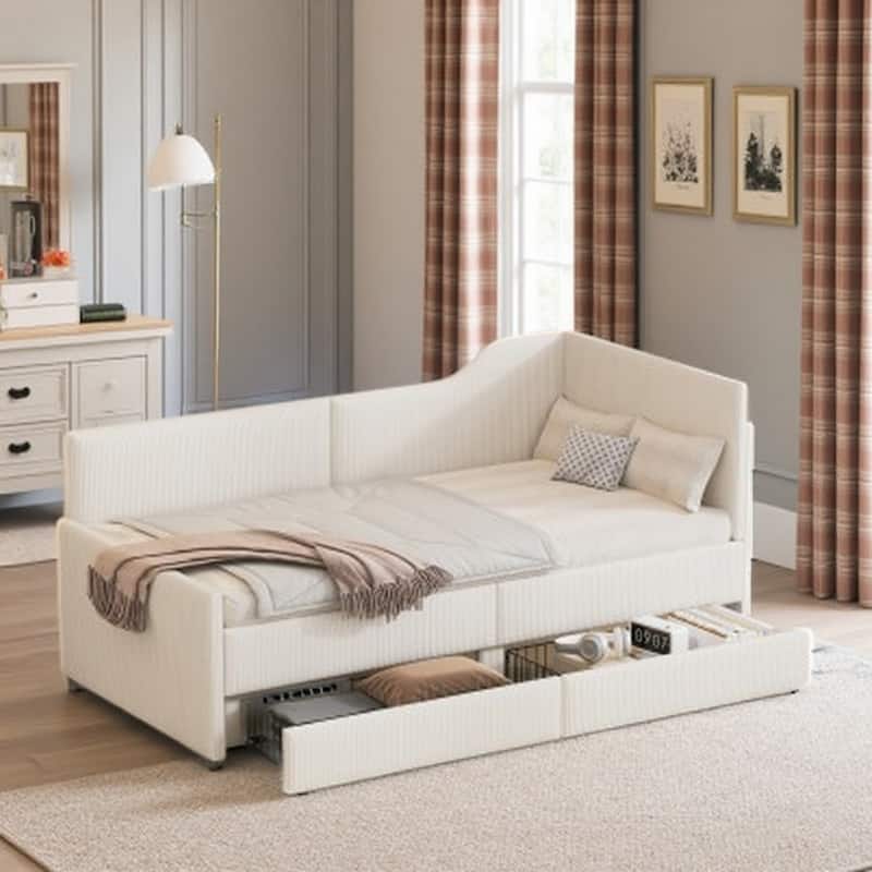Pink Twin L-Shaped Upholstered Daybed with Corduroy Fabric and 2 Storage Drawers, Space-Saving Platform Bed Frame - Beige