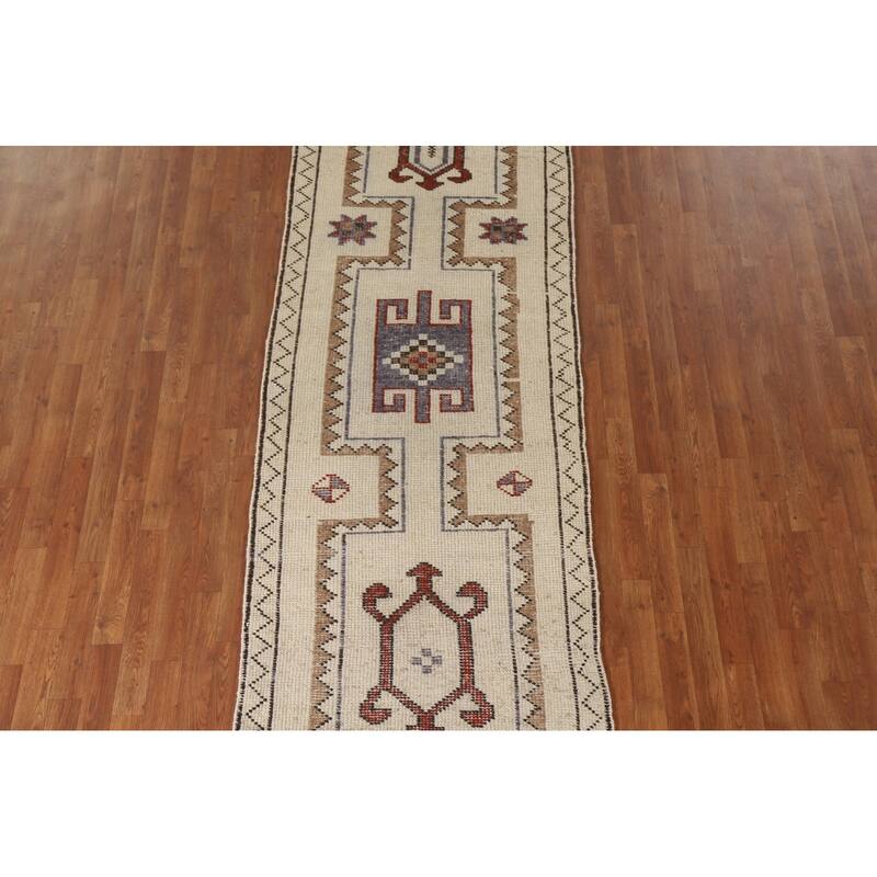 Natural Dye Anatolian Runner Rug Handmade Turkish Beige Wool Carpet - 3'4"x 10'6"