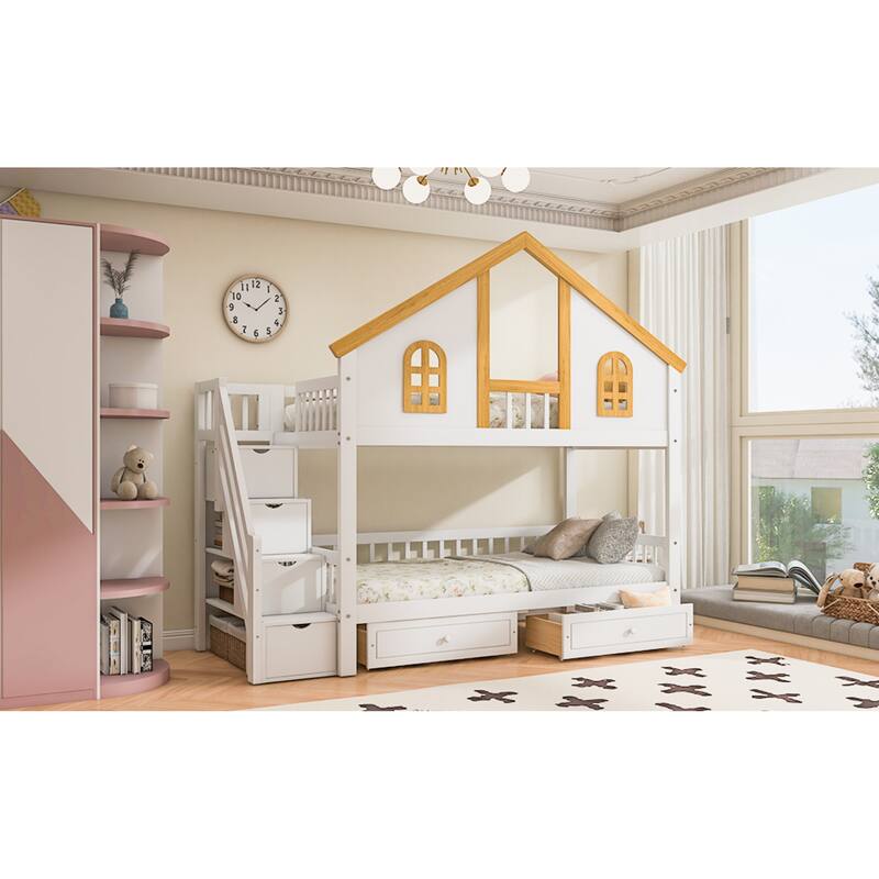 Roomfitters Twin Over Twin/Full Over Full House Bunk Bed with Window, Roof and Storage Staircase, White and Natural