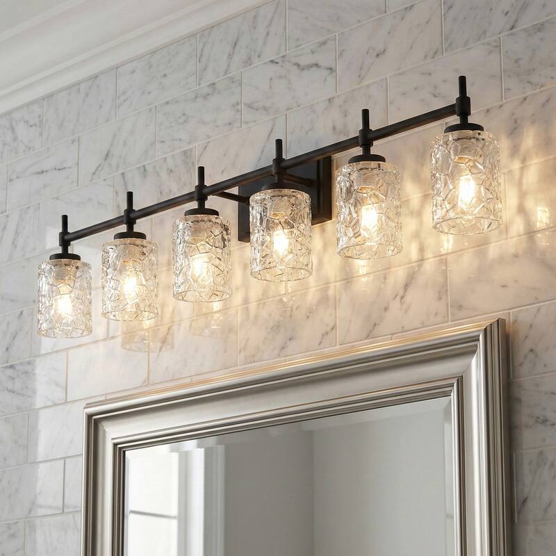 Acroma Dimmable Bathroom Vanity Light with Water Ripple Clear Shade - 6-light - Matte Black