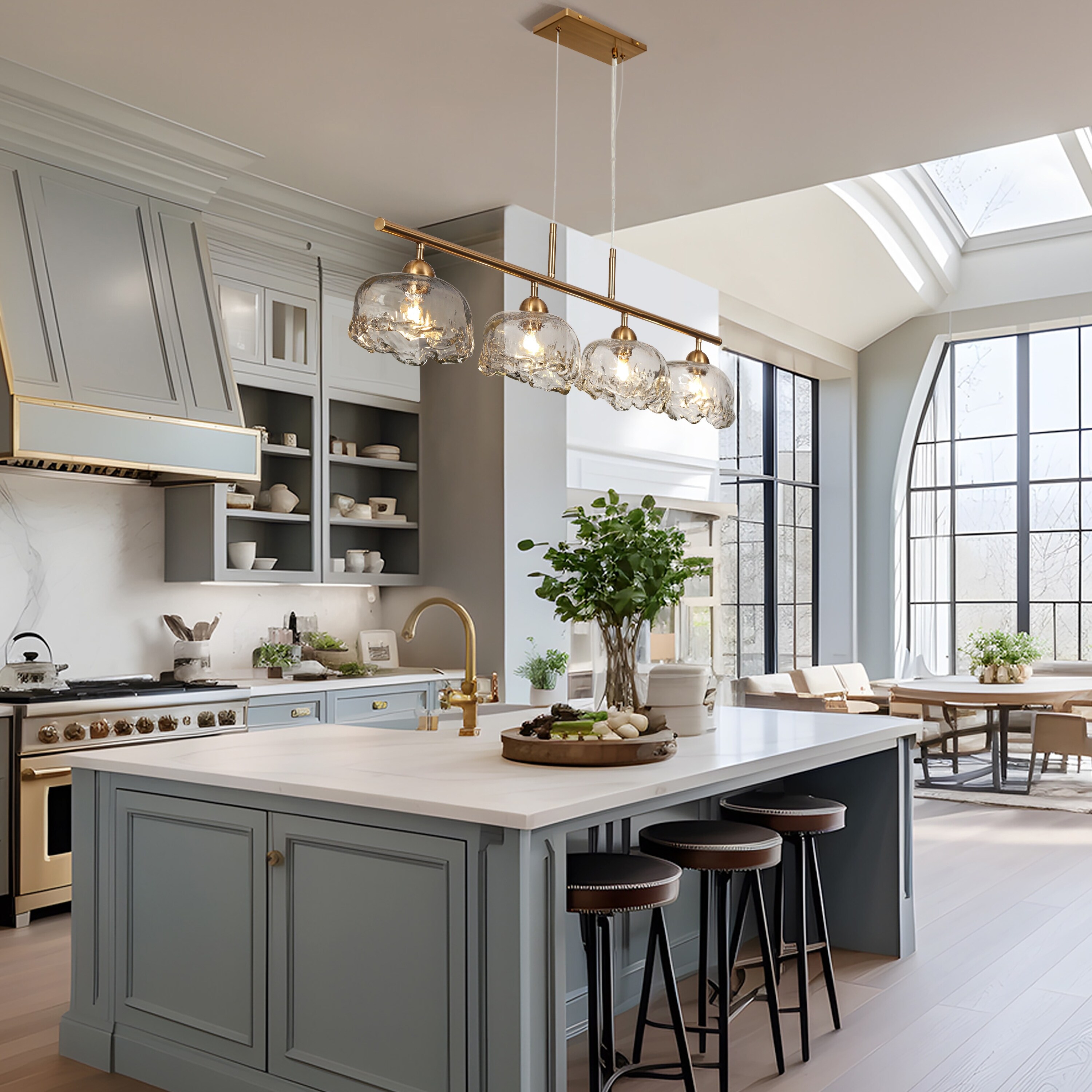 Modern 4-Light Gold Chandeliers 44 IN Linear Textured Glass Island