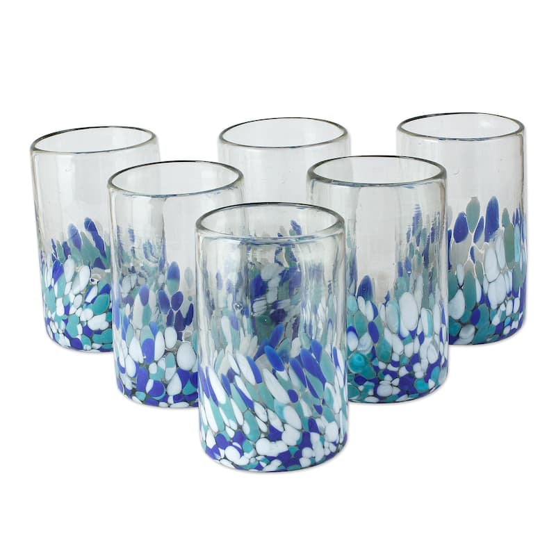 NOVICA Artisan Handblown Glass Tumblers Blue White Spotted Mexican Recycled Drinkware 'Blown Blue' (Set of 6)