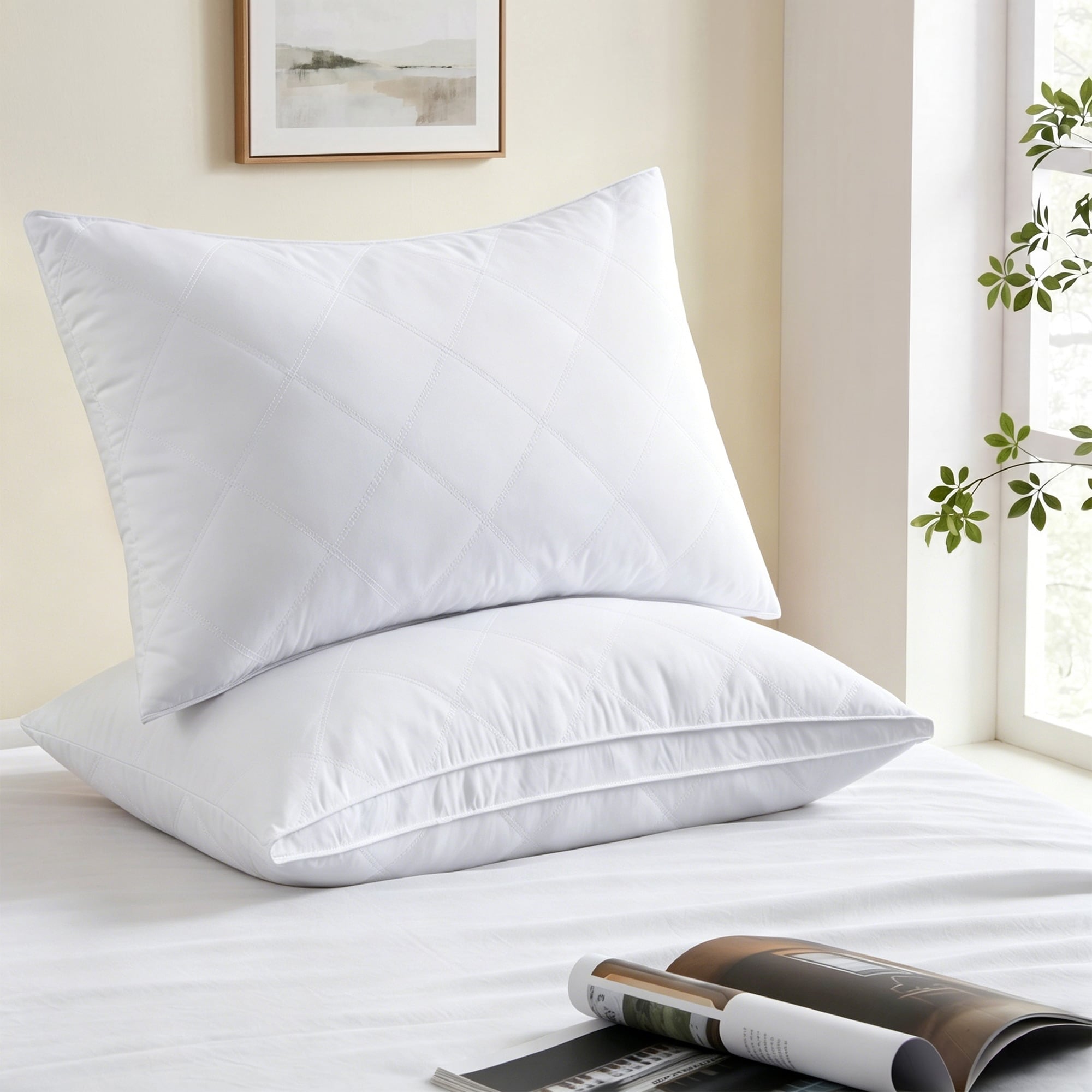 Quilted Goose Feather Pillows Set of 2, Medium Firm Bed Pillows