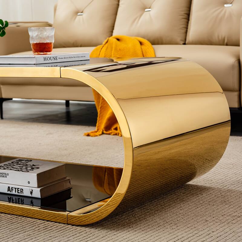 Modern Oval 2-Tier Coffee Table End Table with Gold Stainless Steel Frame, Accent Table Dining Table with Tempered Glass