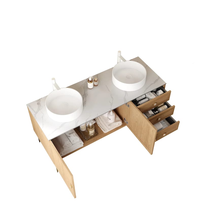 GDFStudio - Munin Freestanding Bathroom Vanity with Ceramic Sink, 4 Metal Legs, Oak Woodgrain Color, WITHOUT Faucet