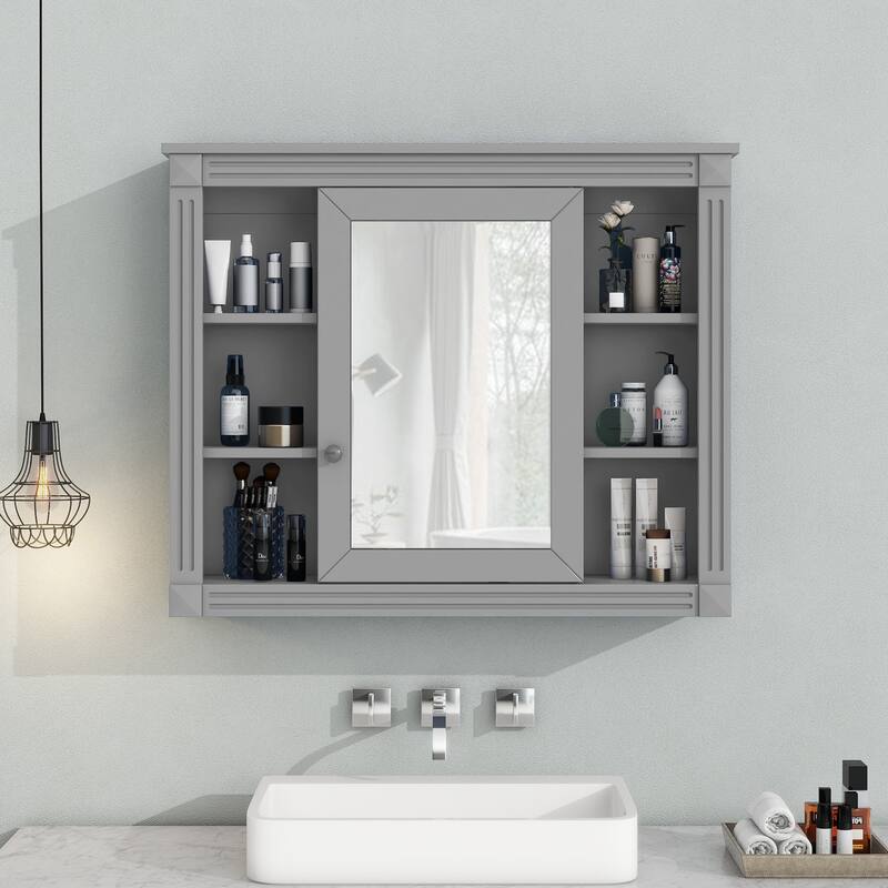 Mirror Cabinet with 6 Open Shelves, 35'' x 28'' Wall Mounted Bathroom Storage Cabinet, Grey - Cappuccino