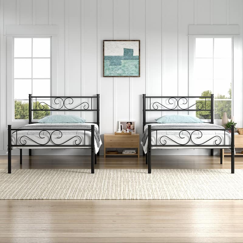VECELO Kids Bed Frame Set of 2, Metal Bed Frame with Headboard, Twin Size Platform Bed - Black
