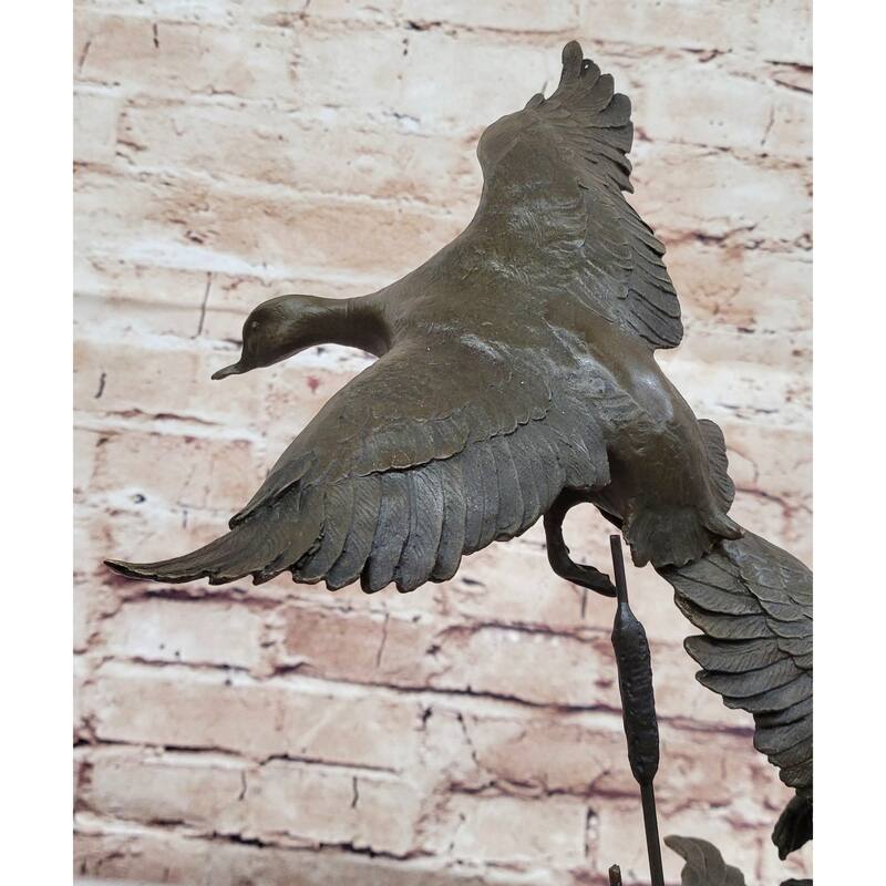 Flying Ducks In The Reeds Bronze Sculpture Statue Wildlife Decor On Marble Base