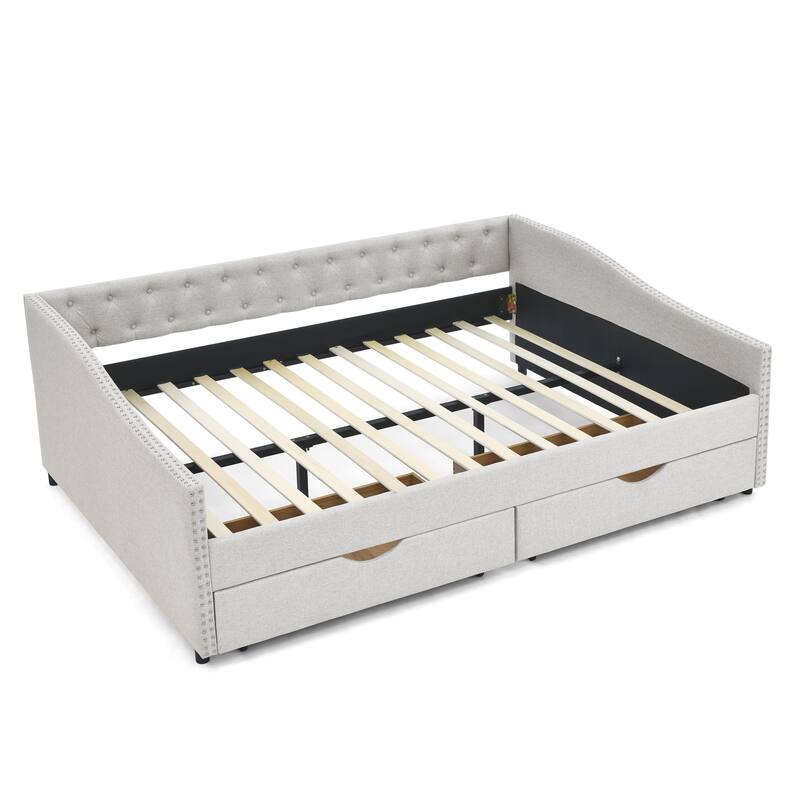 Mid-century Queen Size Beige Tufted Button Upholstered Sofa Bed with Drawers Daybed, Wavy Shape Arms Sofa with Nailhead Trimming