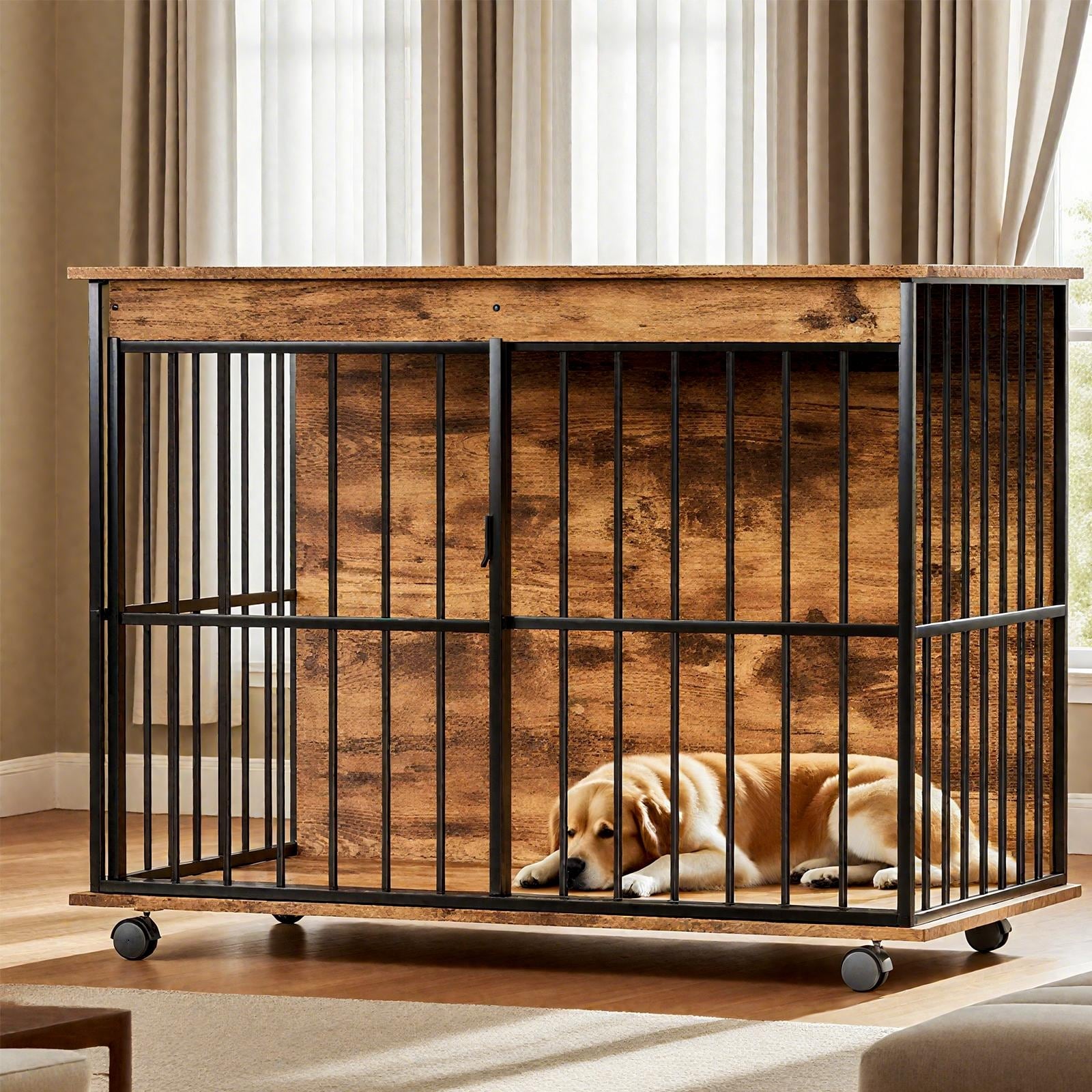 Dog Crate Furniture, Large Dog Cage Furniture with Tray for Medium Large Dogs, Wooden Dog Kennel Furniture