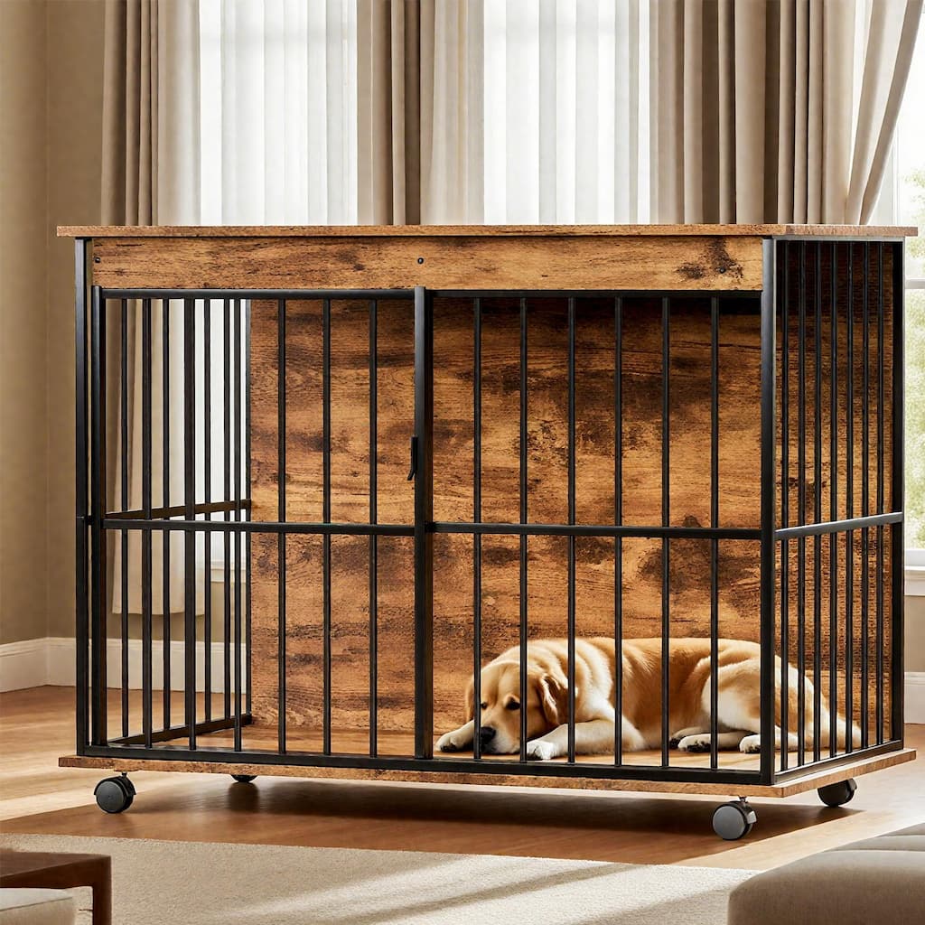 Dog Crate Furniture Dog Cage Furniture Wooden Dog Kennel Furniture with Wooden Top and Sliding Door for Medium Dogs