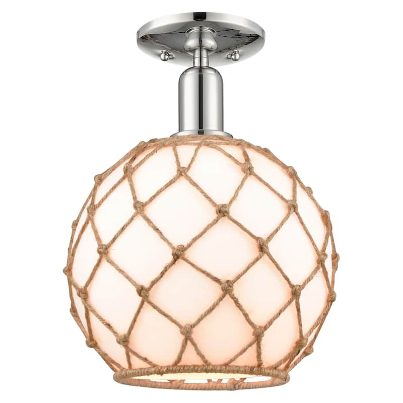 Innovations Lighting 716-1C-12-8 Farmhouse Rope Semi-Flush Farmhouse - Polished Nickel / White Glass with Brown Rope