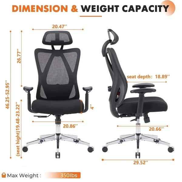 dimension image slide 0 of 2, Ergonnomic Office Chair with 2D Adjustable Lumbar Support, Office Chair with Adjustable Headrest and Armrest