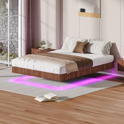 Modern Floating Bed Platform - LED Ambient Lighting with Wave-Pattern Wood Veneer & Reinforced Steel Slat System‌