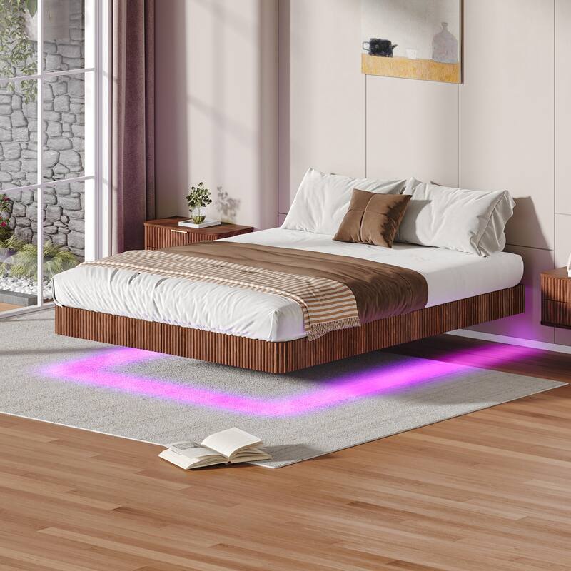 Smart LED Floating Bed without Headboard, Wave Curve Wood Texture Bed Frame, Heavy Duty Metal Slat Support