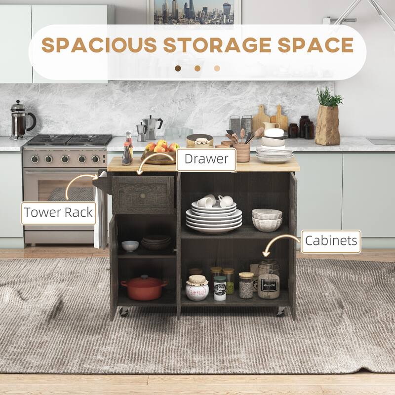 Triple-Cabinet Rolling Kitchen Island with Storage Shelf Adjustment