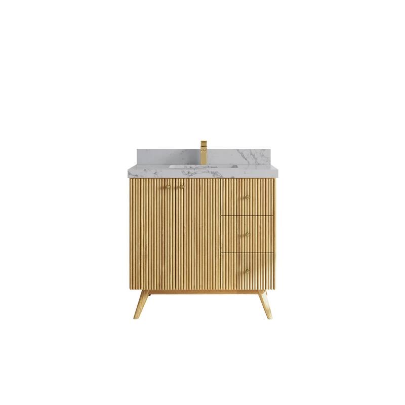 Willow Collections 36 in. W x 22 in. D Pasadena Solid Teak Center Sink Bathroom Vanity with Countertop - 2"Venatino Quartz - Light Natural