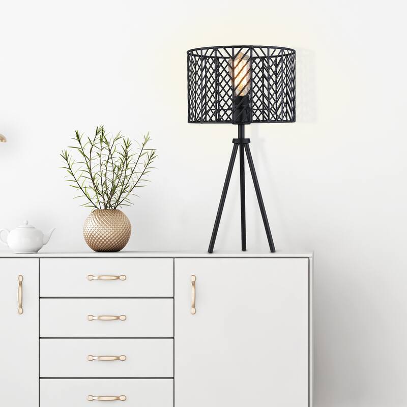 Roisin River of Goods Black Metal Cage-Shade 18.5-Inch Tripod-Base Accent Lamp - 10.125" x 10.125" x 18.5"