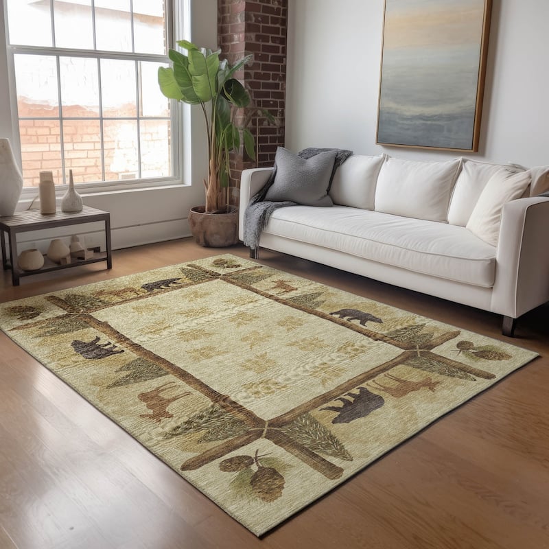 Premium Washable Super Soft Bear Moose Border Mayfield Rug - Khaki - 8' x 10' - Rectangle
