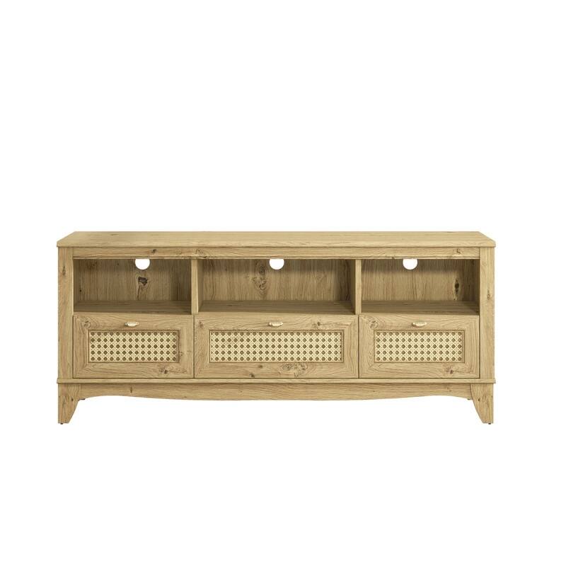 55-inch Rustic Wood TV Stand with Wicker Door Design for TVs up to 65"