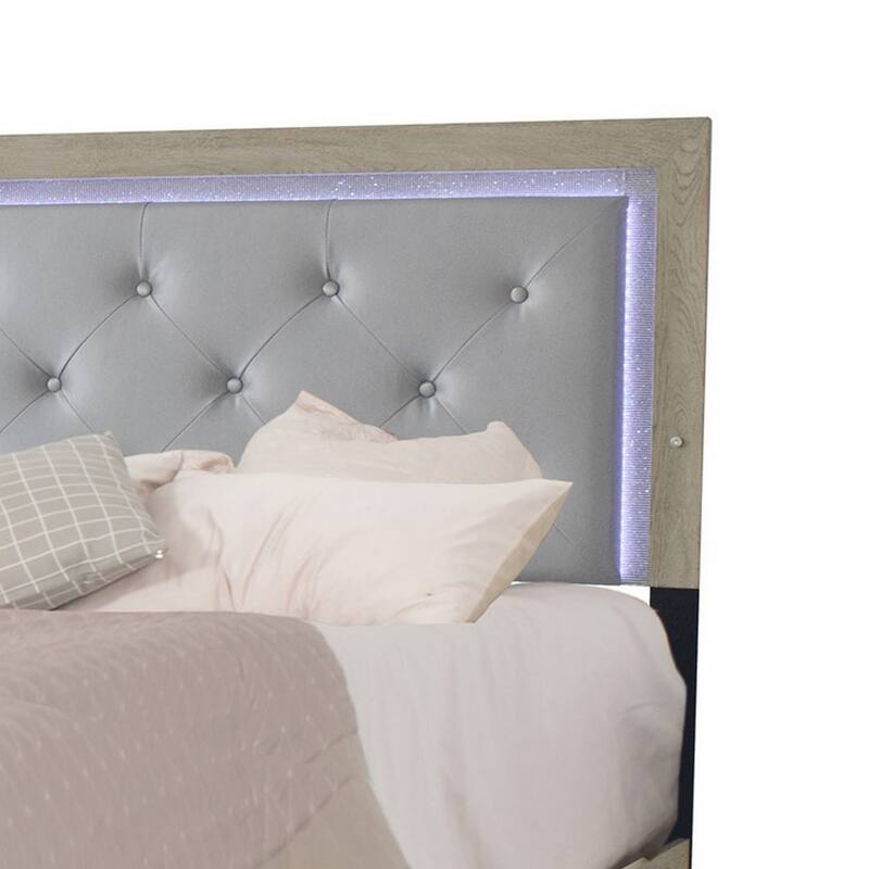 Ancy Queen Size Bed, Tufted and Upholstered Headboard, Light Gray Finish
