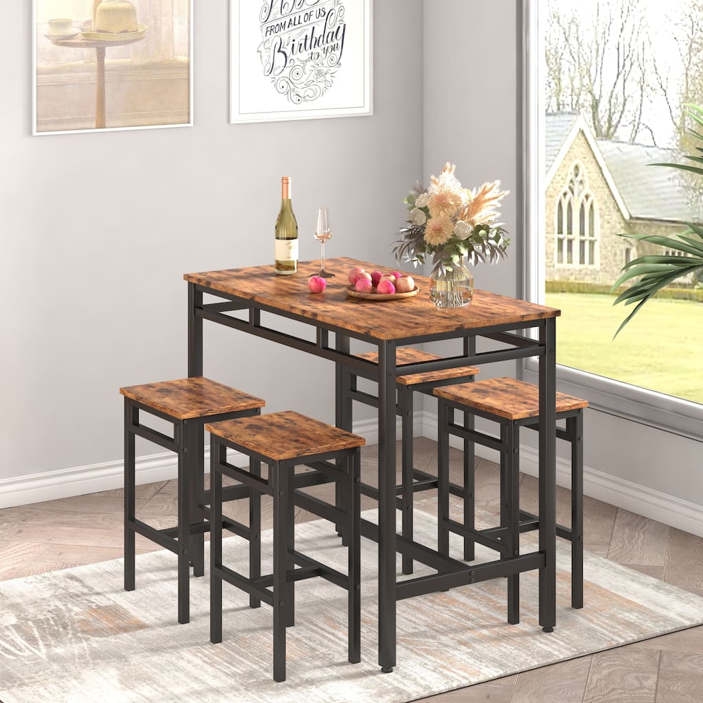 Counter Height Dining Table Set with 4 Bar Stools Metal Frame Vintage Wooden Tabletop Rectangular Dining Table, 5-Piece