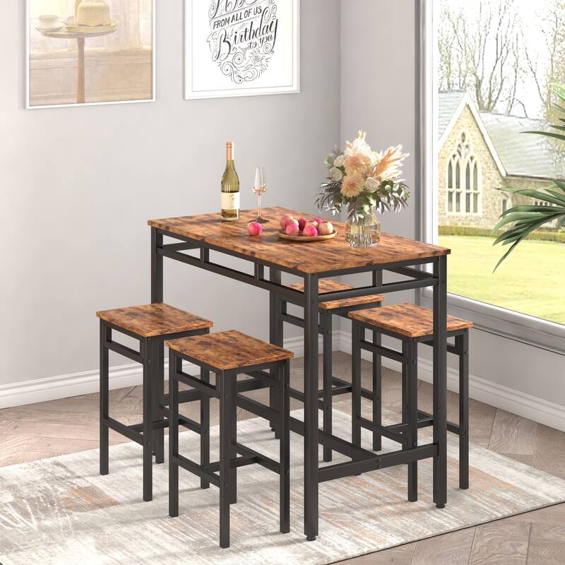 Rustic Workbench with Steel Legs, Brown Computer Table, Backless Dining Chairs, Kitchen Table & Chair Set