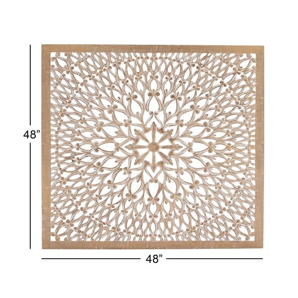 dimension image slide 0 of 2, Light Brown Wood Handmade Intricately Carved Floral Home Wall Decor with Mandala Design