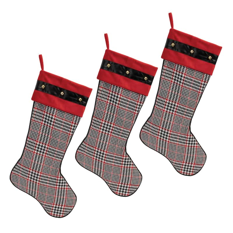 Set of 3 Plaid Holiday Stockings Red Black Cotton Christmas Decor for Mantle and Banister - 23”L x 0.5”W x 14”H