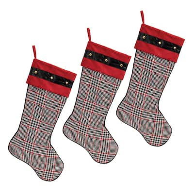 Set of 3 Plaid Holiday Stockings Red Black Cotton Christmas Decor for Mantle and Banister - 23”L x 0.5”W x 14”H