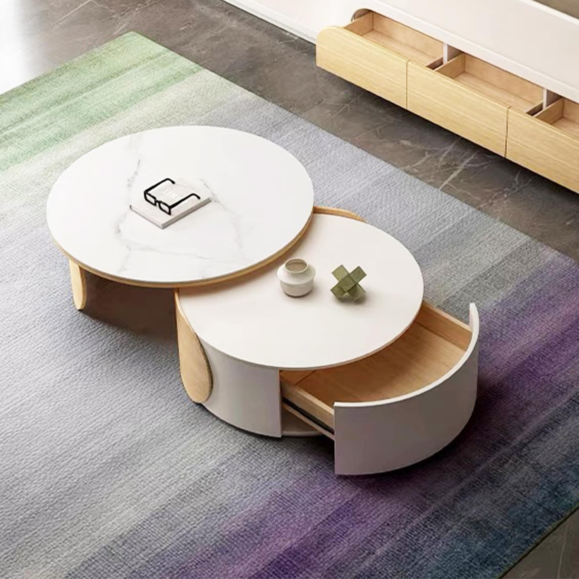 Modern Round Coffee table, Stone Table-top, Natural Wood - 50" x 31.5"