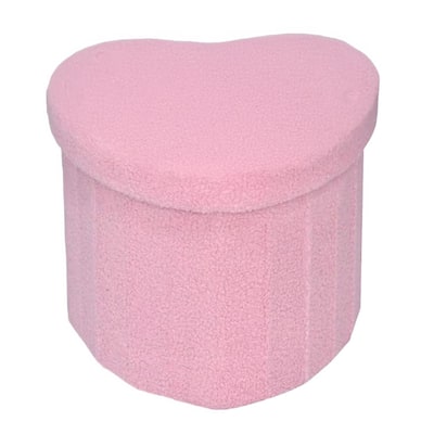 Aria Home Pink Heart Shaped Teddy Fabric Storage Ottoman for Kids Room