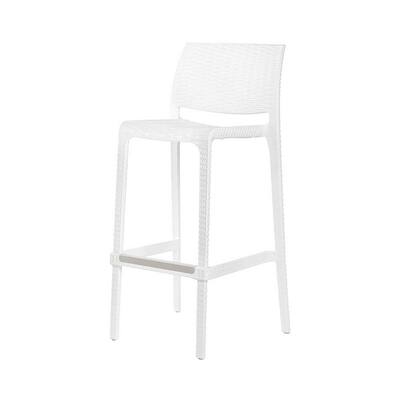HomeRoots Set of Two 30" White Faux Rattan Low Back Outdoor Bar Height Chairs