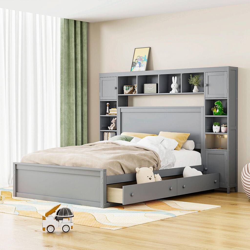 Wooden Bed with Built-in Cabinet, Shelf, and Sockets