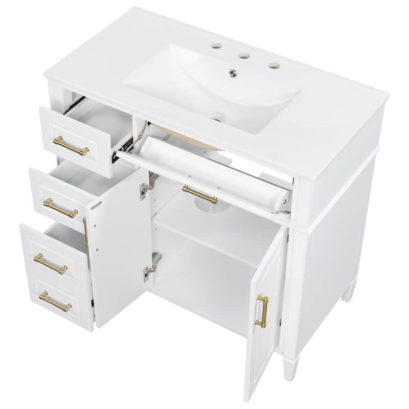 36 Inch Single Sink Bathroom Vanity Cabinet with 4 Drawers, Vanity Base & Ceramic Basin Set