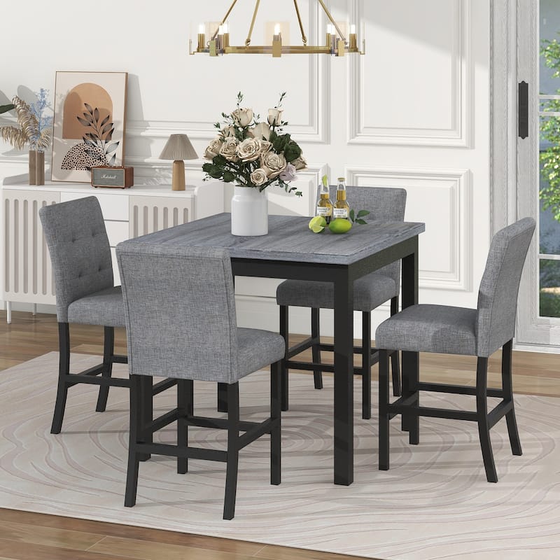 5-Piece Counter Height Dining Set Wood Square Dining Room Table and Chairs Stools, 4 Upholstered high-back Chairs, Black - Black