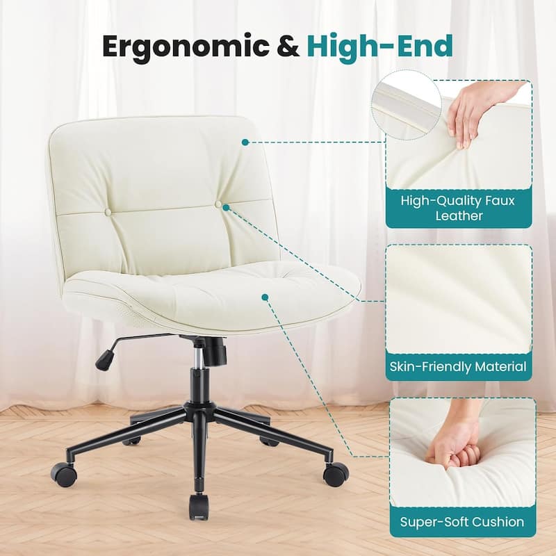 Criss Cross Chair with Wheels, Legged Home Office PU Leather Wide Armless Desk Seat - 27"D x 26.4"W x 34.8"H
