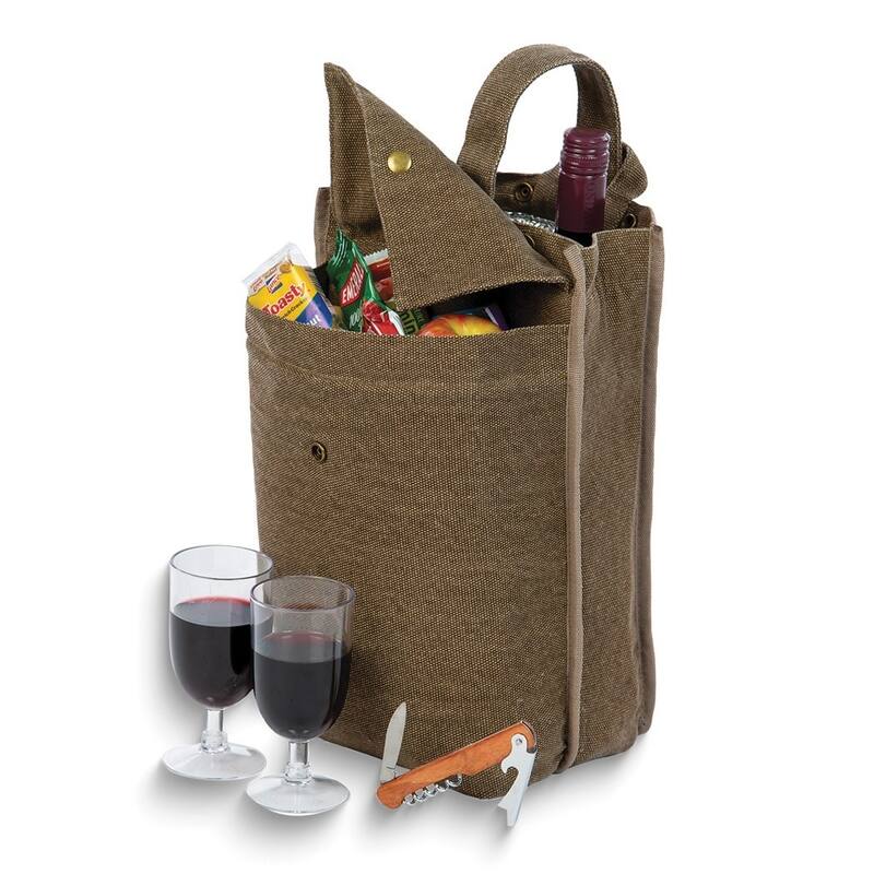Curata Silverado Ii Brown Canvas Wine Cooler/Tote with 2 Goblets and
