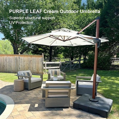 PURPLE LEAF 11ft Round Wood Pattern Patio Cantilever Umbrella with Base