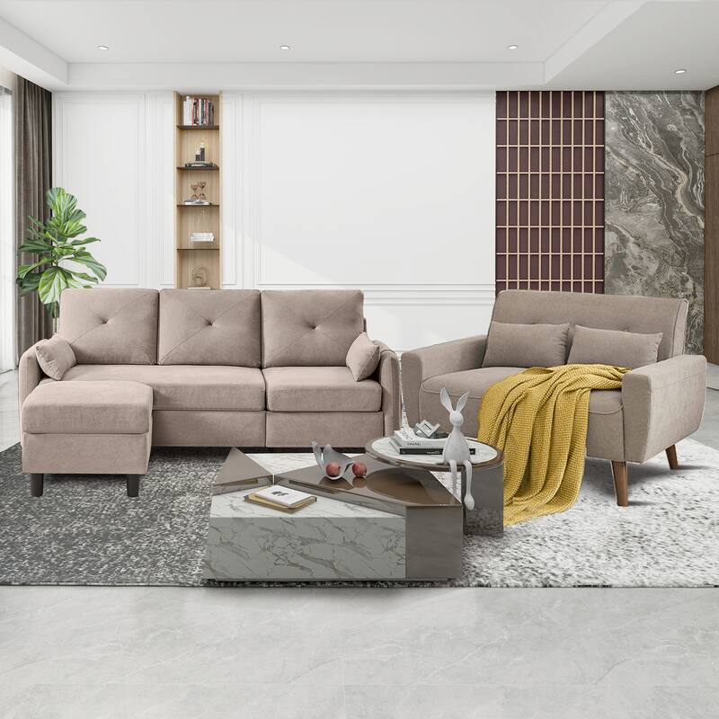 3 Pieces Living Room Set with Storage Ottoman - Beige