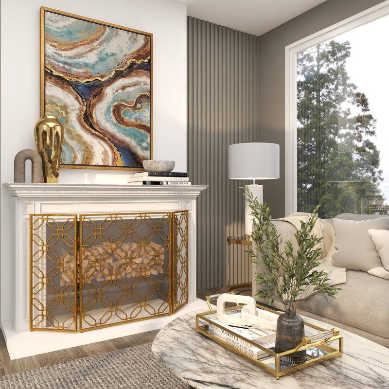 Gold Metal Foldable Mesh Netting 3 Panel Geometric Fireplace Screen