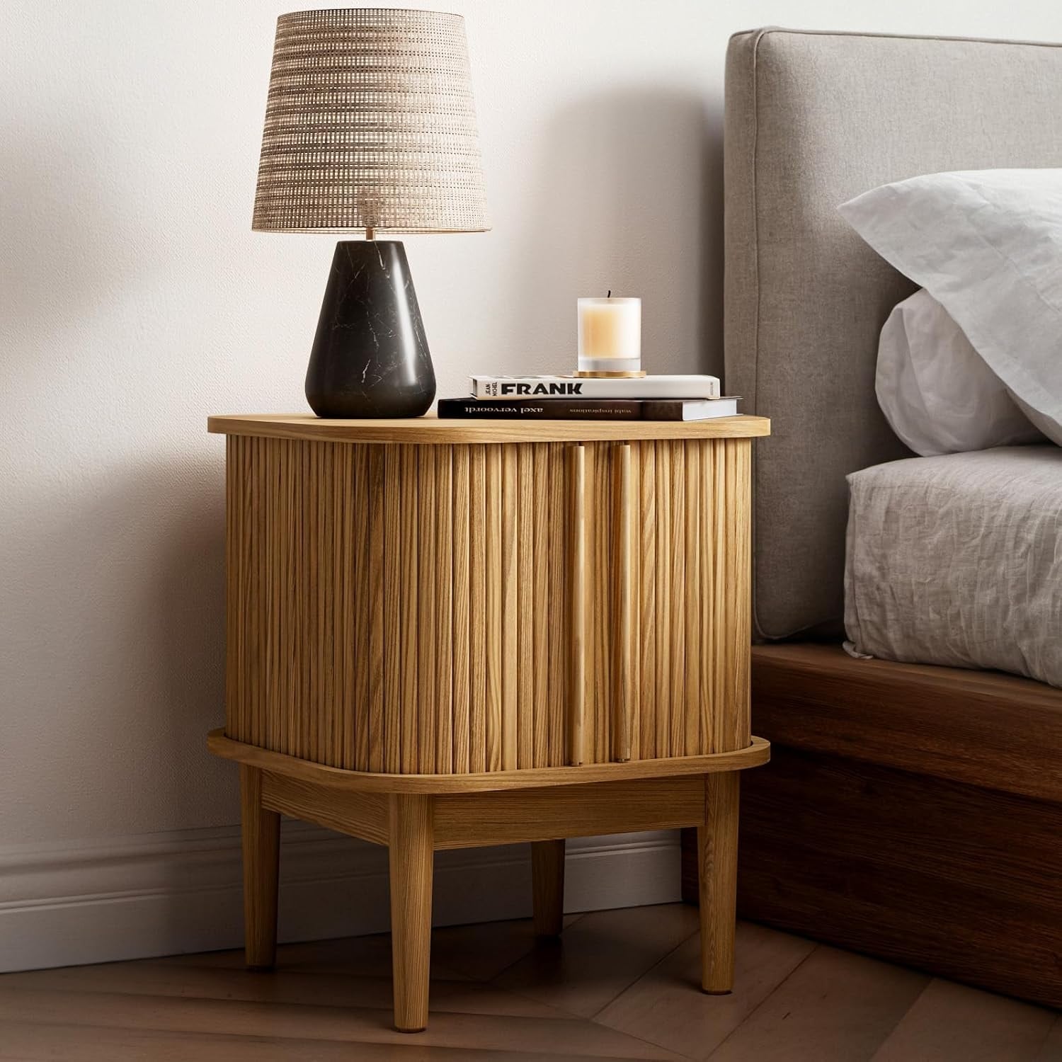 Modern Nightstand with Sliding Doors, Solid Wood Legs, Bedside Table for Bedroom (Natural)